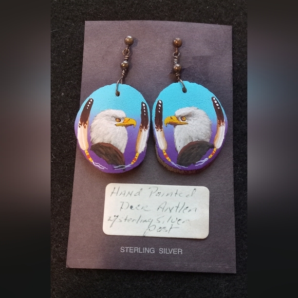 Native American Jewelry - Hand-Painted Deer Antler NAVAJO Eagle Earrings